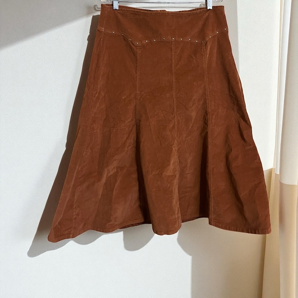 VTG Y2K Kikit Brown Corduroy Studded Western Boho Flare Midi Skirt Size 14 BF🏷️